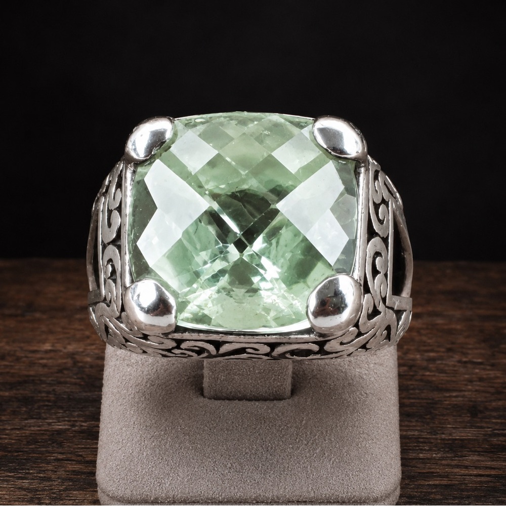 LOIS HILL Green Amethyst Cushion Cut Sterling Silver Cocktail Ring Sz 6